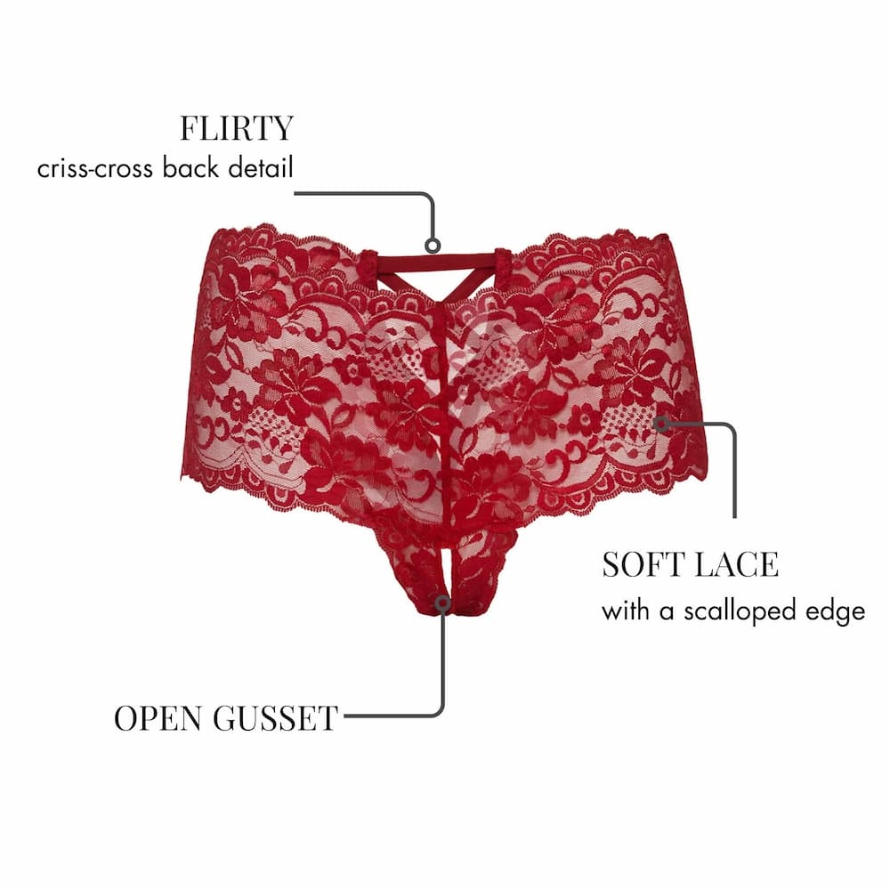Good Night Kiss Lace Crotchless Boyshort Red Features