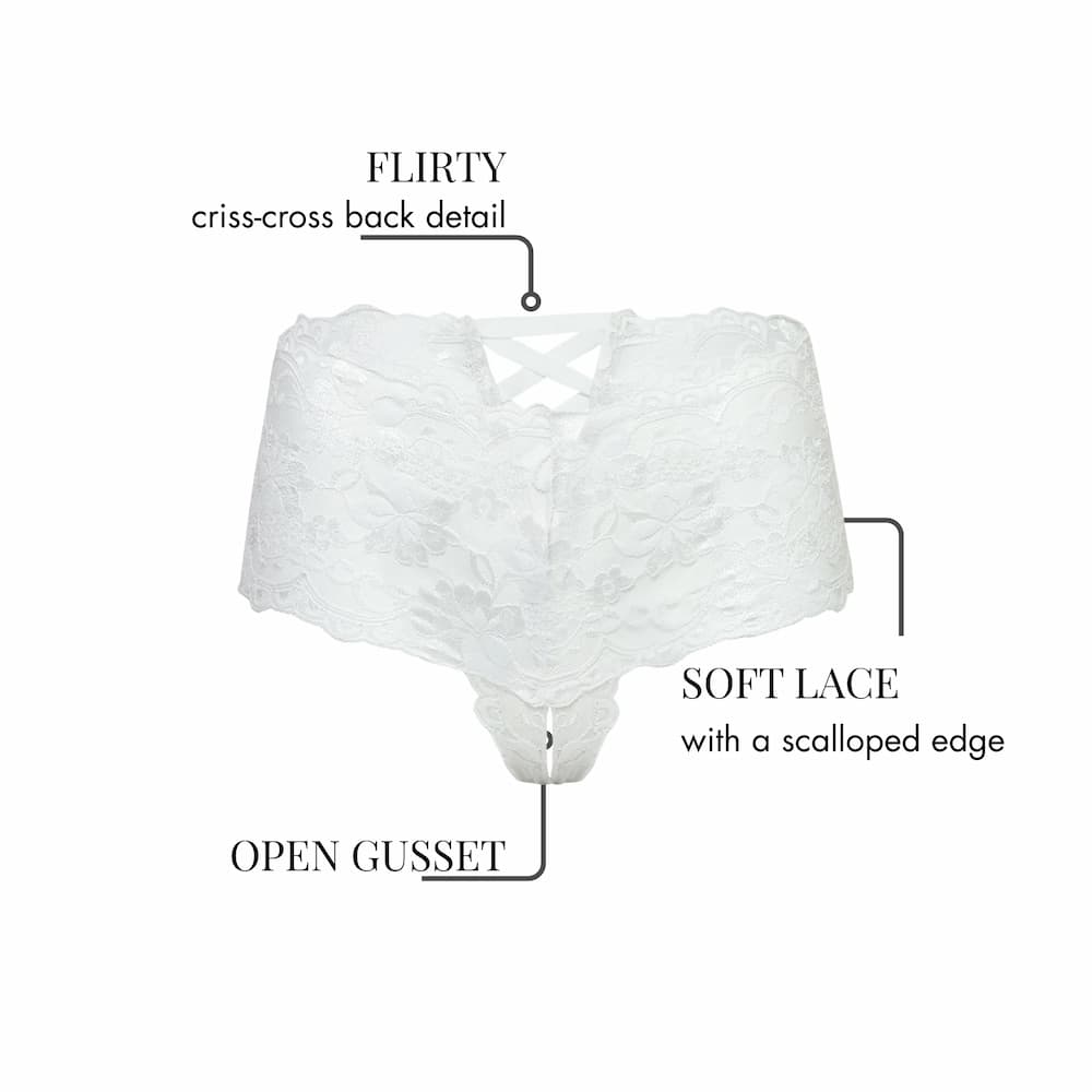 Good Night Kiss Lace Crotchless Boyshort White Features