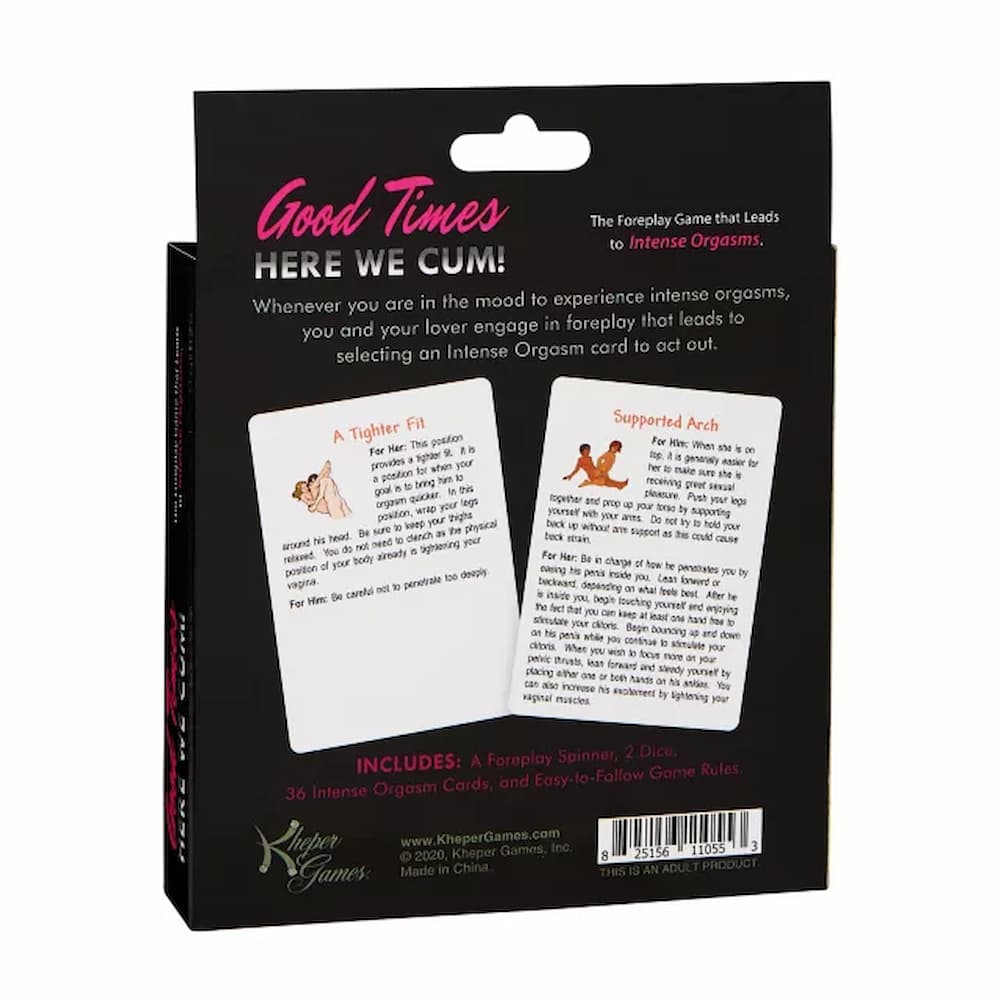 Back of Good Times Here We Cum party game packaging showing rules and challenge style gameplay