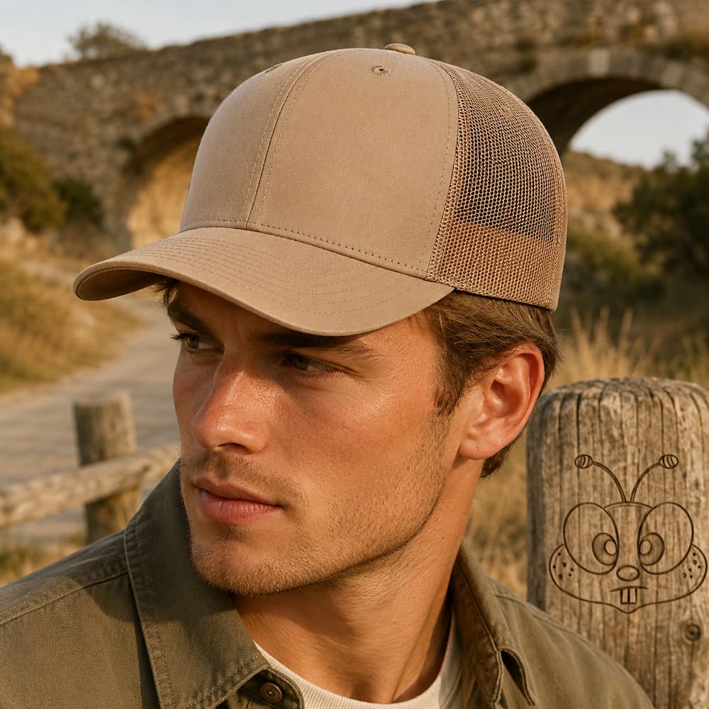 Khaki Trucker Hat On Male Model