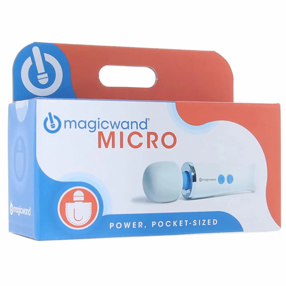 Pocket-size Magic Wand Micro massager shown with included USB charging cord