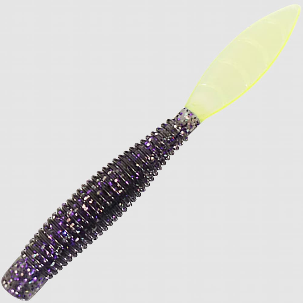 Missile Baits Ned Bomb Purple Cloud Chartreuse Tail Side View