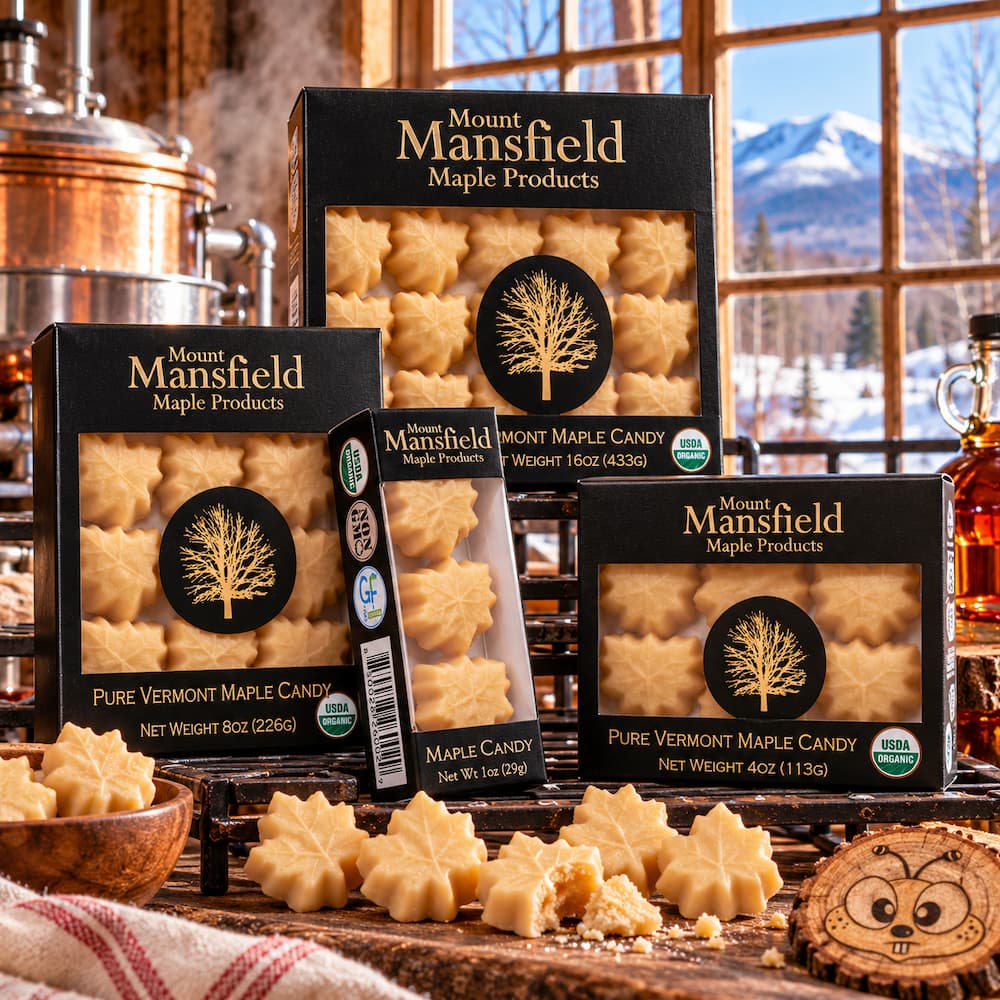 Mount Mansfield Organic Pure Vermont Maple Sugar Candy Display