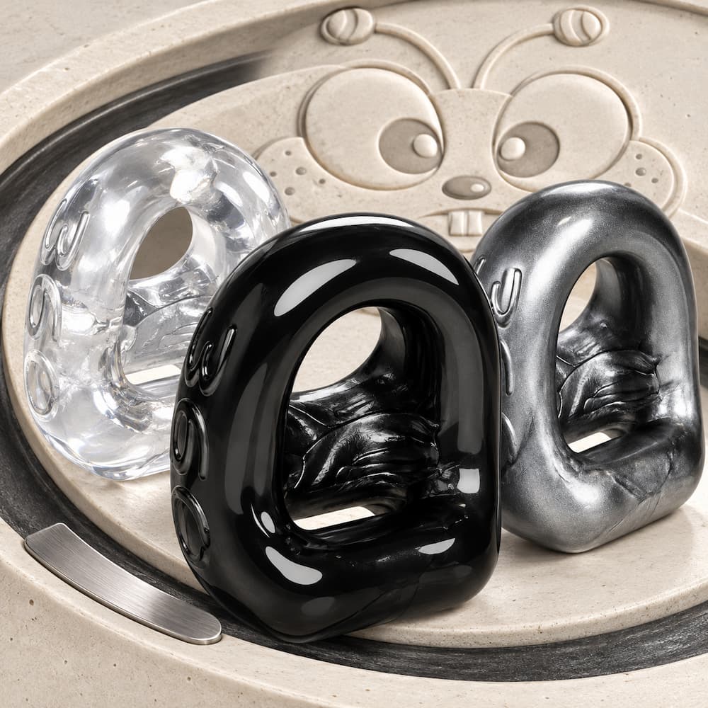 Oxballs 360 Cocksling in Clear Ice, Steel and Black, top view of the dual-opening design