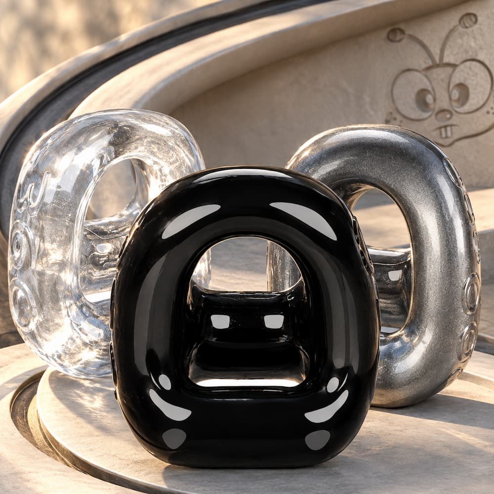 Oxballs 360 Cocksling in Clear Ice, Steel and Black, angled group product photograph