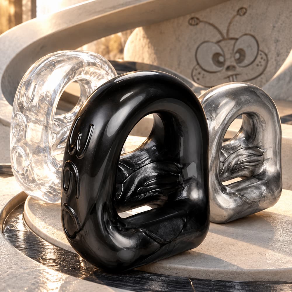 Oxballs 360 Cocksling in Clear Ice, Steel and Black, angled view of two-in-one cockring and ballsling