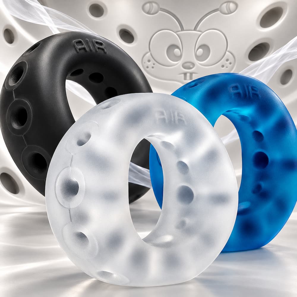 Oxballs Air cockrings in Black, Clear and Space Blue, showing open perforated bands