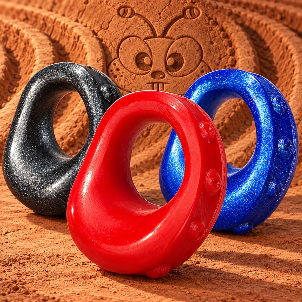 Oxballs Plow silicone cockrings in Red, Blueballs Metallic and Smoke Metallic with sculpted scoops