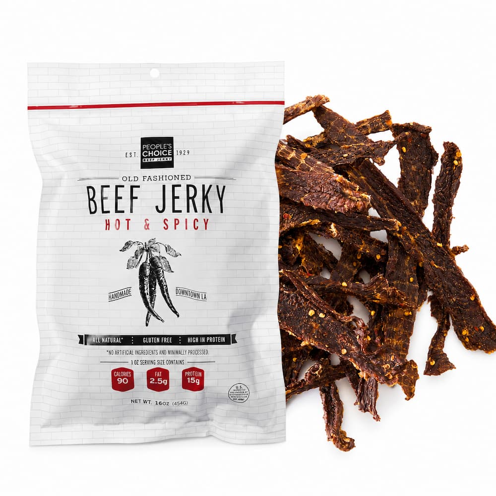 Peoples Choice Old Fashioned Hot Spicy Beef Jerky 16oz White Background