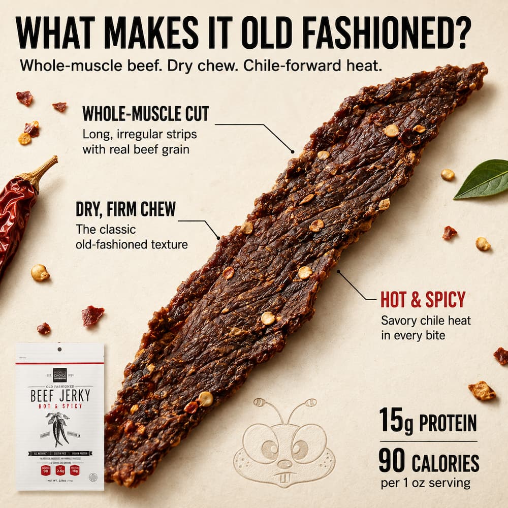 Peoples Choice Old Fashioned Hot Spicy Beef Jerky features