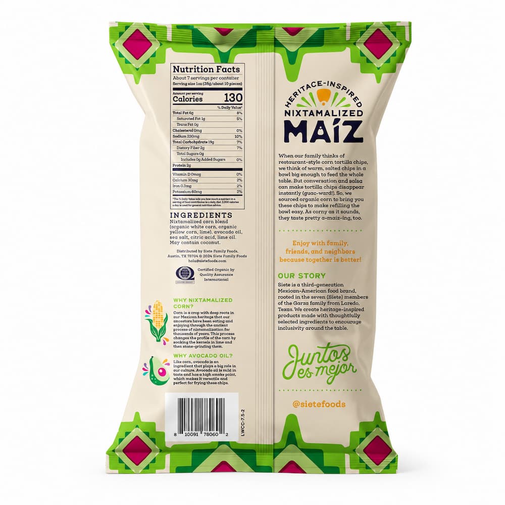 Siete Foods Maiz Lime Corn Tortilla Chips Packaging