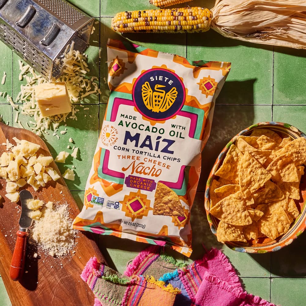 Siete Foods Maiz Three Cheese Nacho Corn Tortilla Chips Display