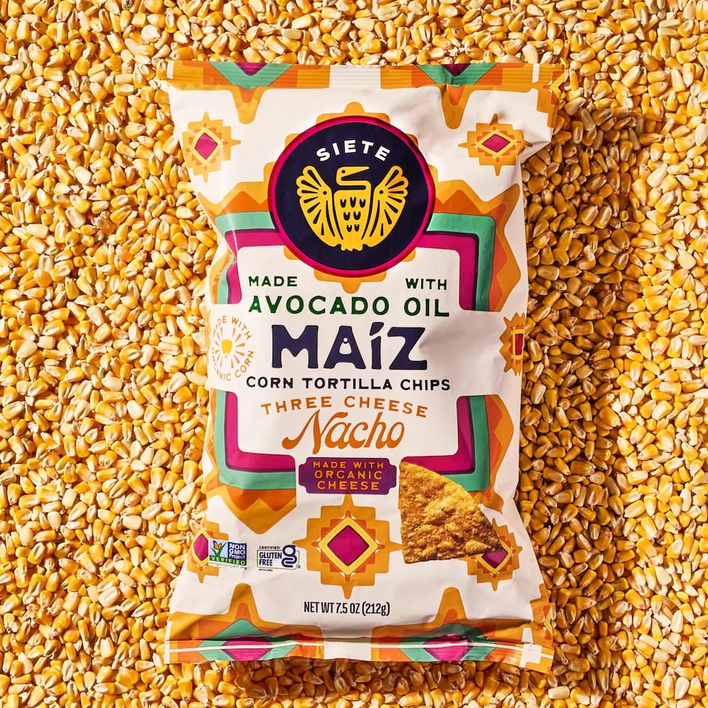Siete Foods Maiz Three Cheese Nacho Corn Tortilla Chips Slide
