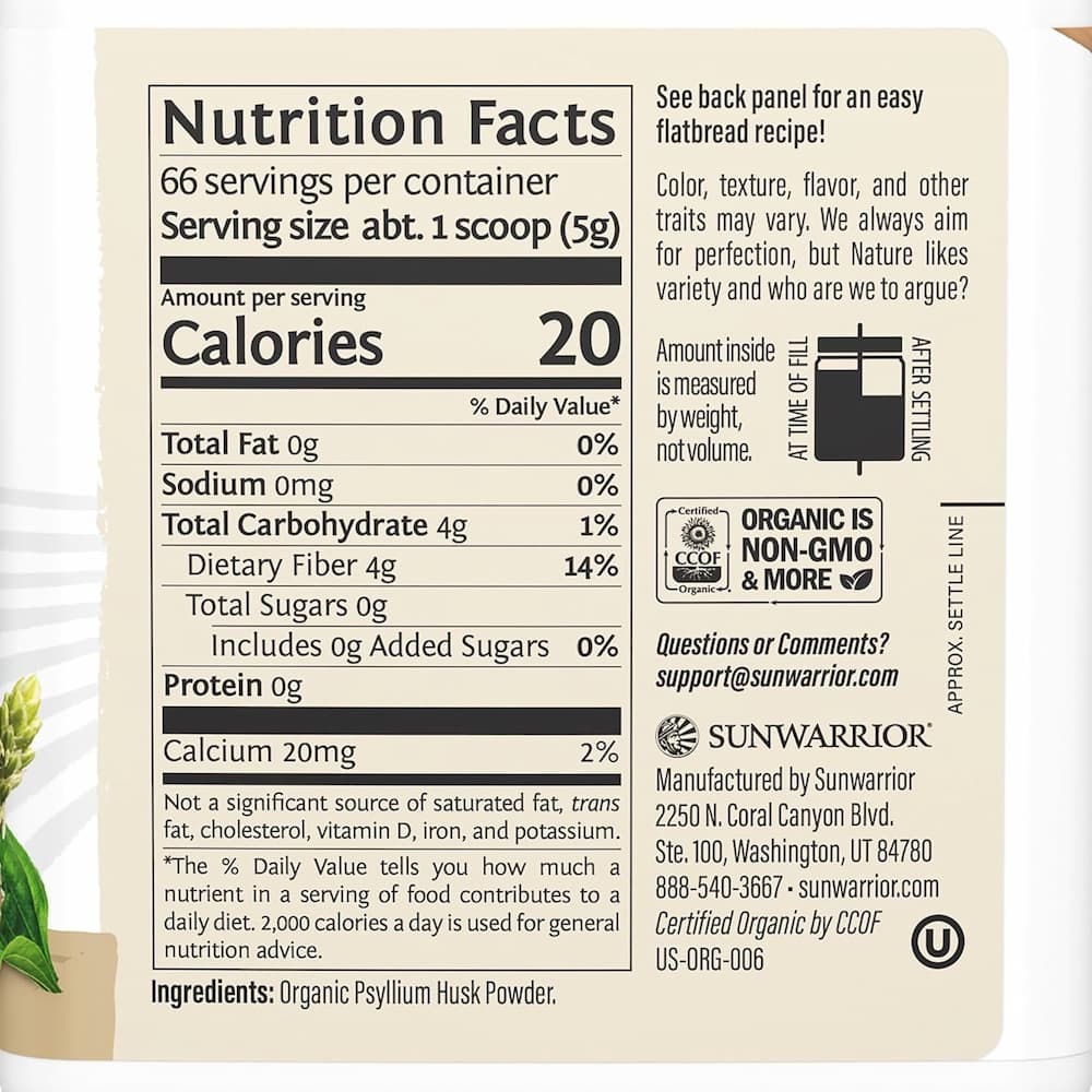 SunWarrior Organic Psyllium Husk Powder Ingredients