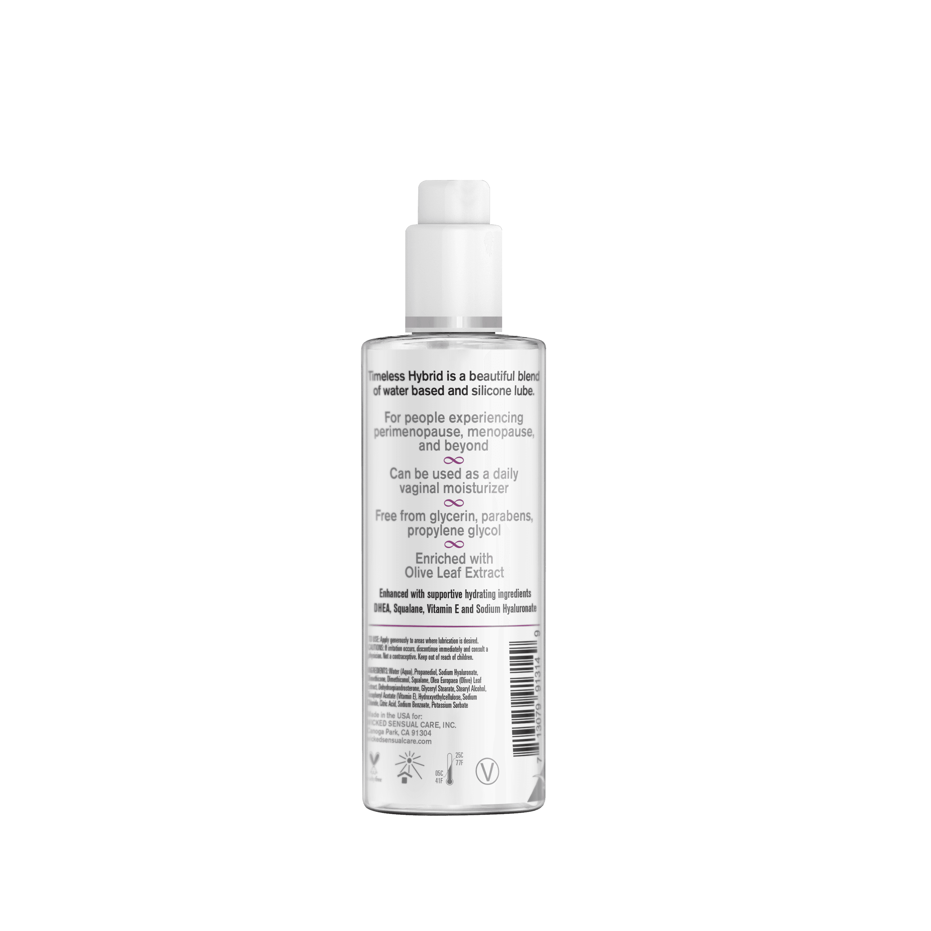 Wicked Simply Timeless Hybrid + DHEA Lubricant 4 oz bottle, water and silicone blend Ingredient List