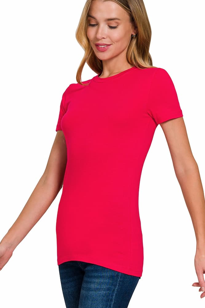 Zenana Basic Crew Neck T-Shirt Ruby Model
