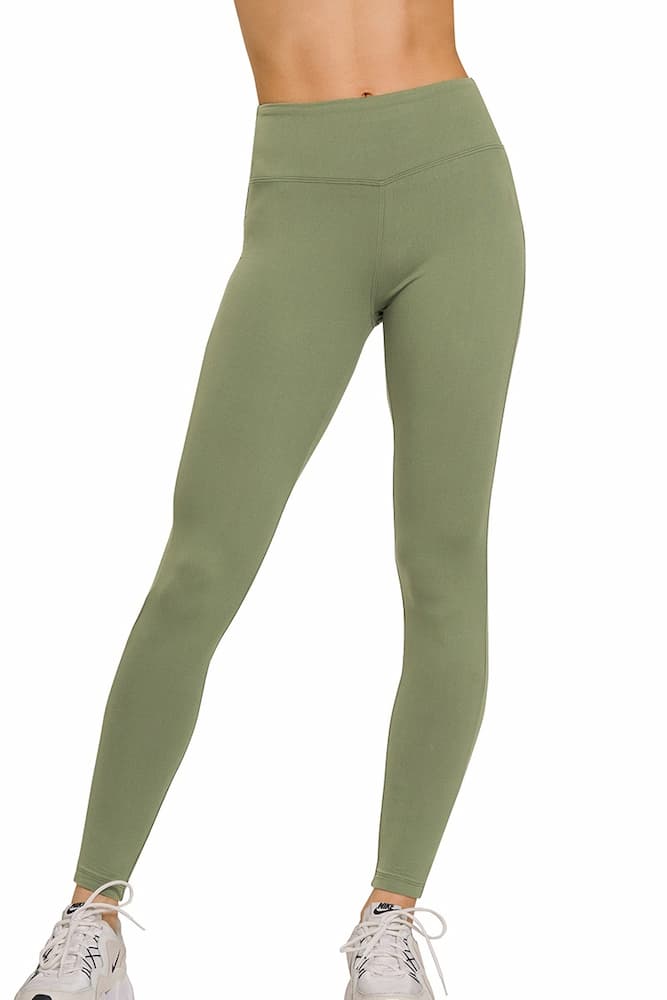 Zenana Buttery Soft High Waist Leggings Light Olive Model View
