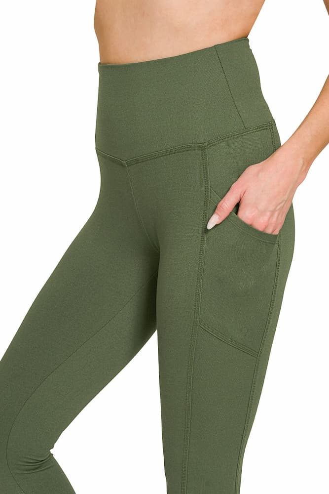 Zenana Buttery Soft High Waist Leggings Pockets Army Green Back View