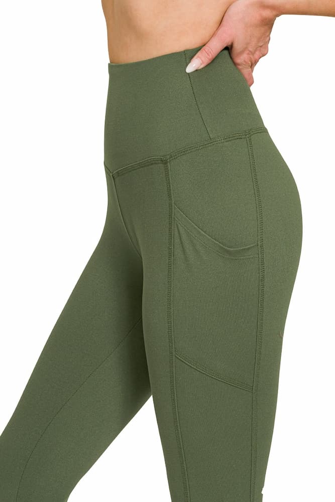 Zenana Buttery Soft High Waist Leggings Pockets Army Green Closeup