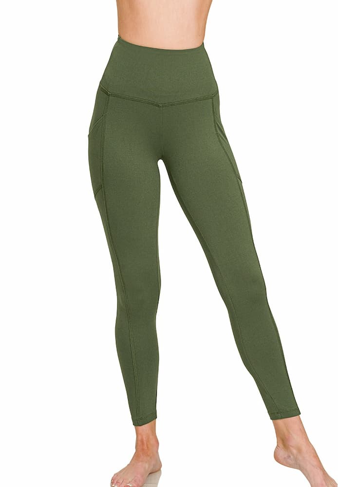 Zenana Buttery Soft High Waist Leggings Pockets Army Green Front View