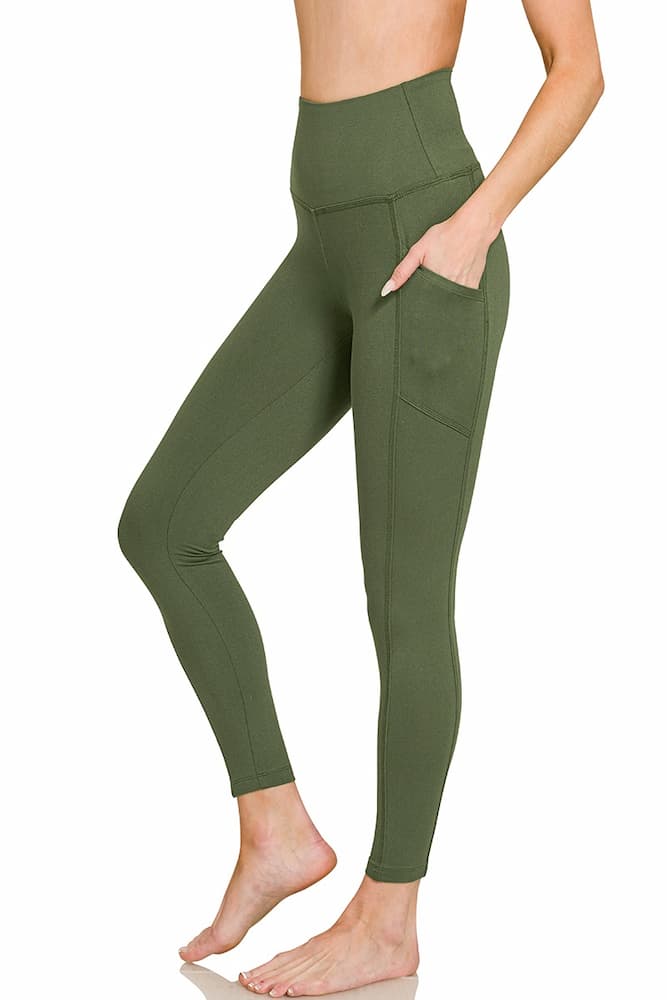Zenana Buttery Soft High Waist Leggings Pockets Army Green Side View