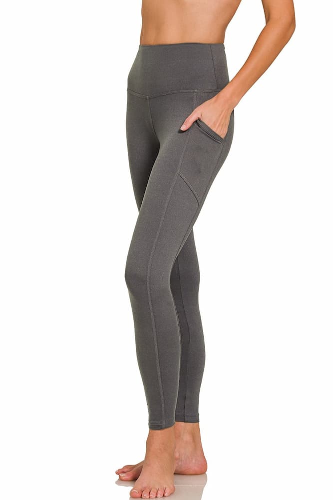 Zenana Buttery Soft High Waist Leggings Pockets Ash Grey Model View