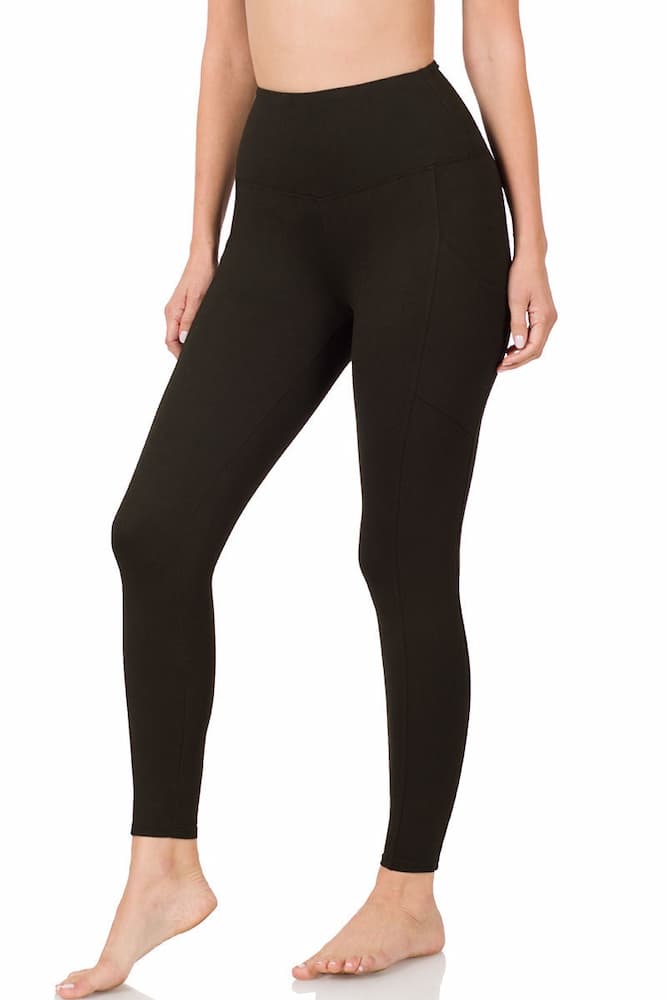 Zenana Buttery Soft High Waist Leggings Pockets Black Model View