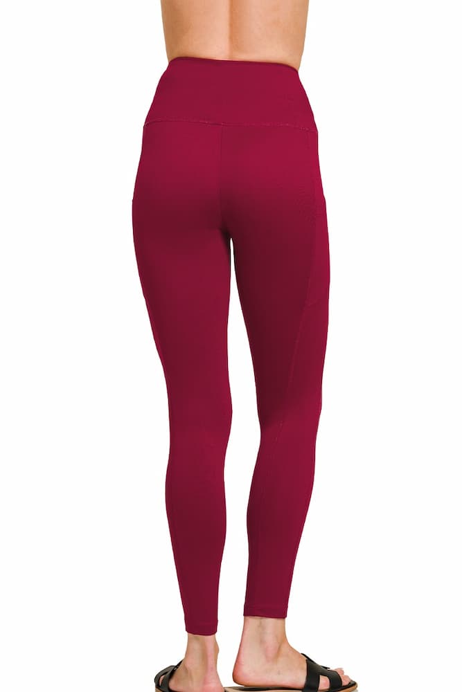 Zenana Buttery Soft High Waist Leggings Pockets Dark Burgundy Back View