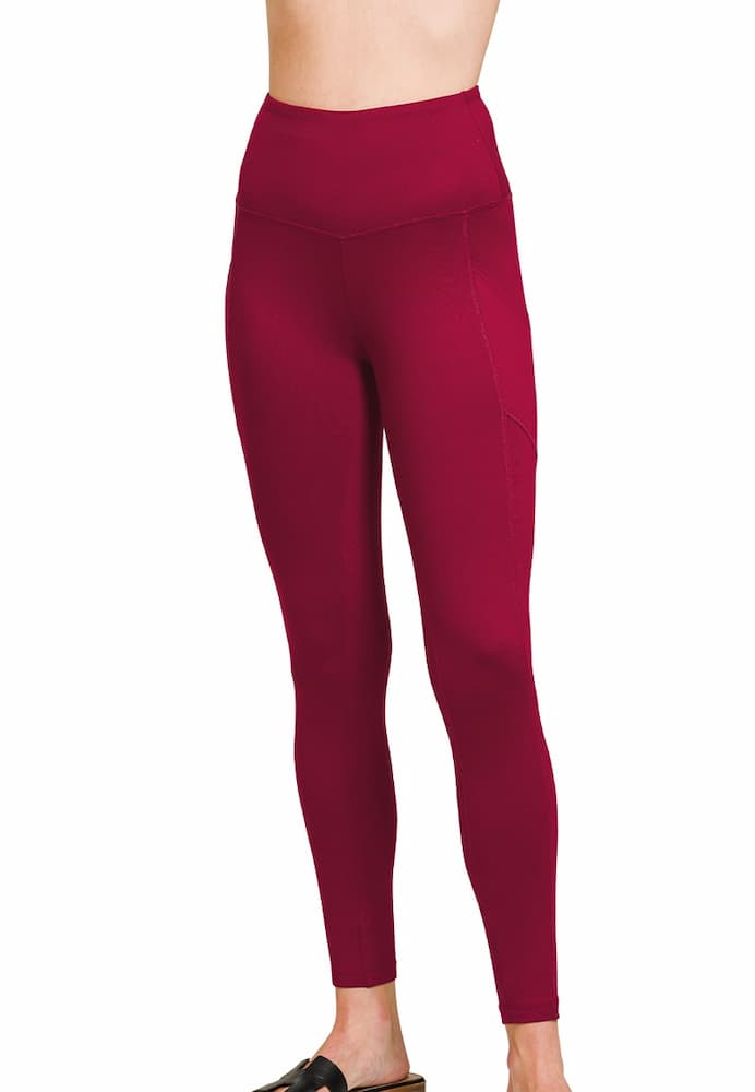 Zenana Buttery Soft High Waist Leggings Pockets Dark Burgundy Front View