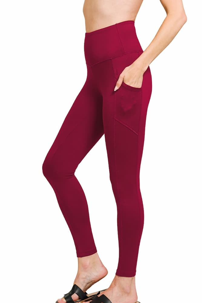 Zenana Buttery Soft High Waist Leggings Pockets Dark Burgundy Side View