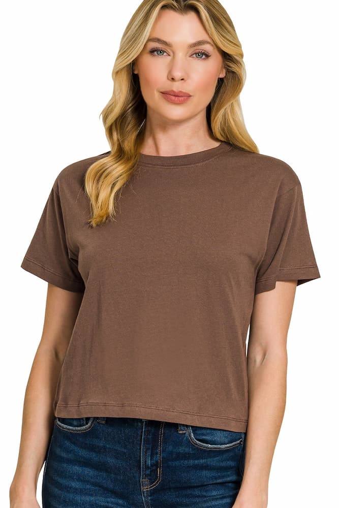 Zenana Cotton Crop Top Brown Front View