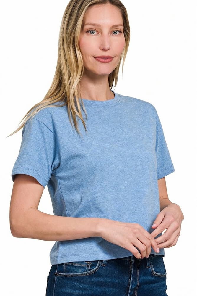 Zenana Cotton Crop Top Heather Ocean Blue Front View