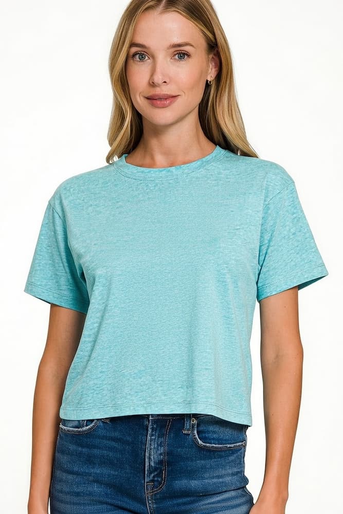 Zenana Cotton Crop Top Heather Teal Front View