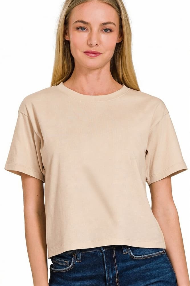 Zenana Cotton Crop Top Sand Beige Front View