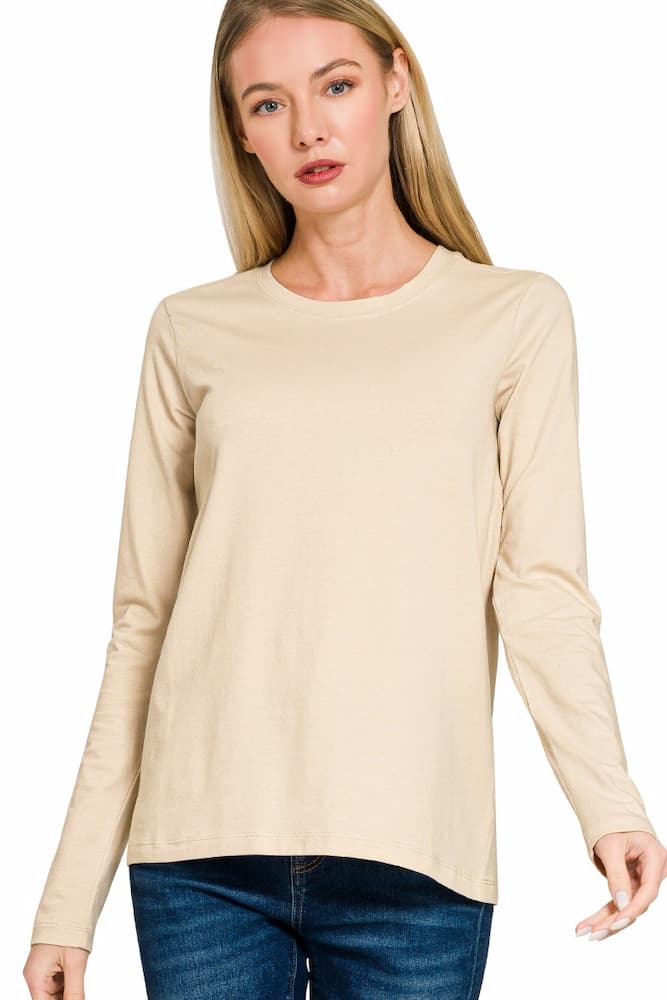 Zenana Cotton Long Sleeve Crew Neck T-Shirt Beige Front