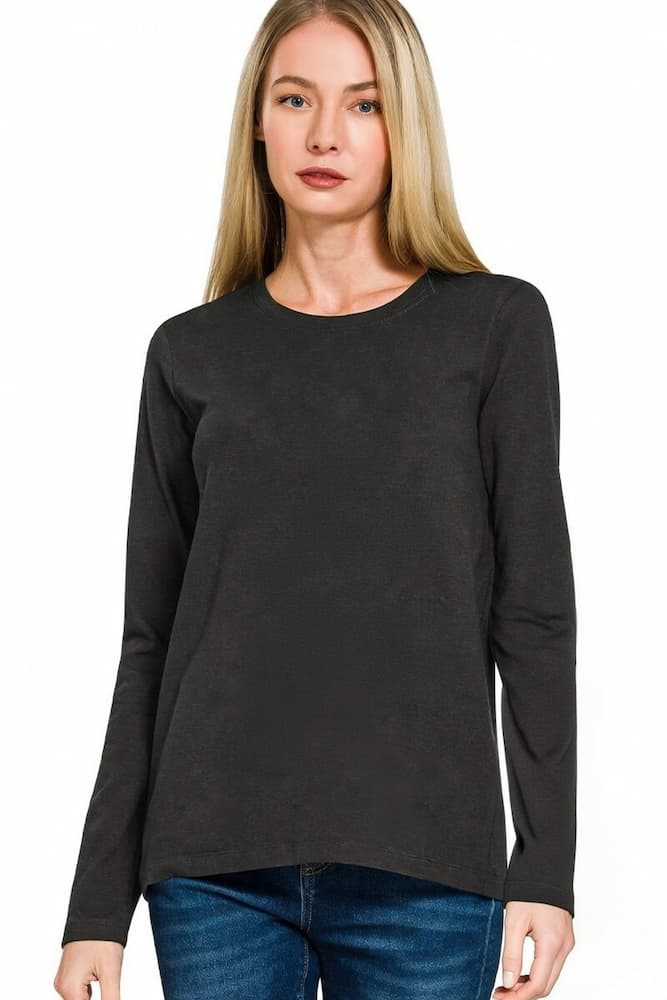 Zenana Cotton Long Sleeve Crew Neck T-Shirt Black Front