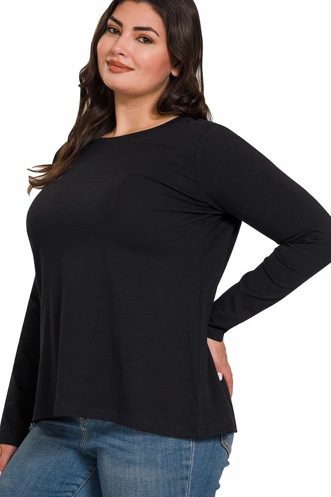 Zenana Cotton Long Sleeve Crew Neck T-Shirt Black Plus Size Front