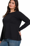 Zenana Cotton Long Sleeve Crew Neck T-Shirt Black Plus Size Front