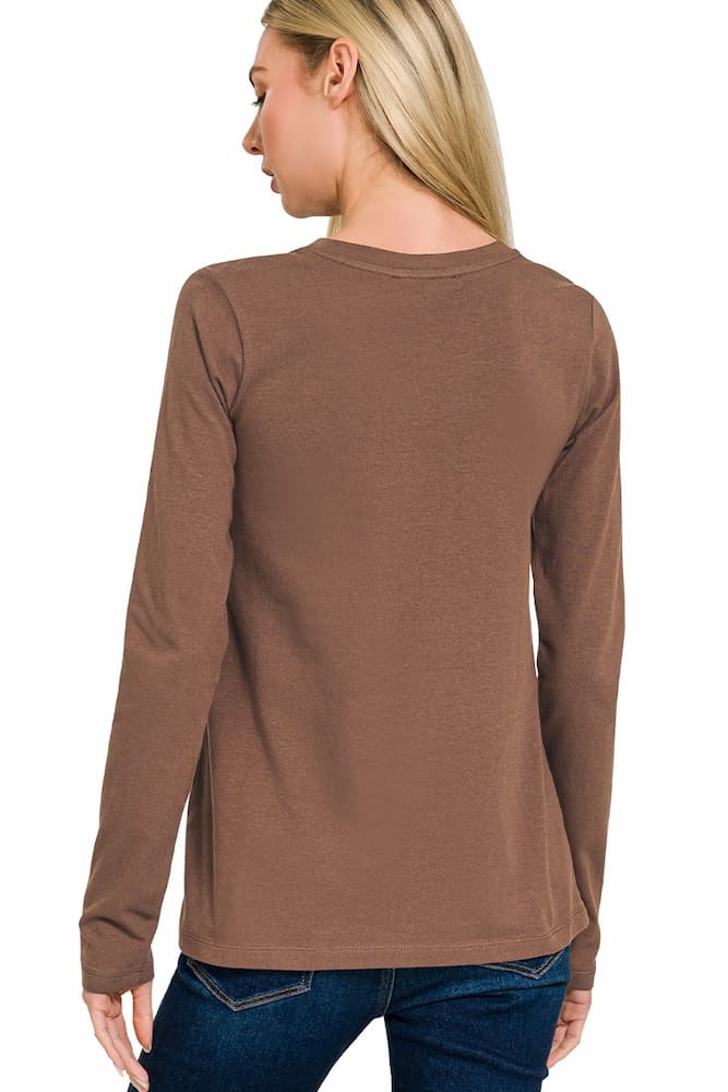 Zenana Cotton Long Sleeve Crew Neck T-Shirt Brown Back
