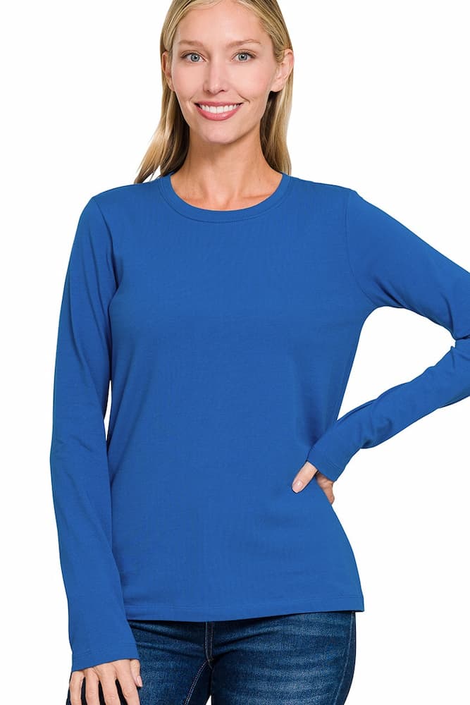 Zenana Cotton Long Sleeve Crew Neck T-Shirt Classic Blue Back