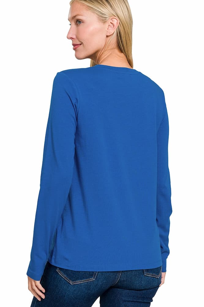 Zenana Cotton Long Sleeve Crew Neck T-Shirt Classic Blue Front