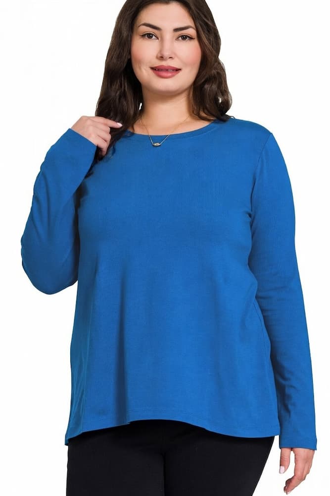 Zenana-Cotton-Long-Sleeve-Crew-Neck Tee Shirt Classic Blue Plus Size Front