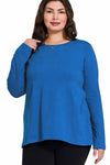 Zenana-Cotton-Long-Sleeve-Crew-Neck Tee Shirt Classic Blue Plus Size Front