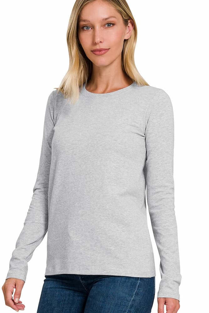 Zenana Cotton Long Sleeve Crew Neck T-Shirt Grey Side