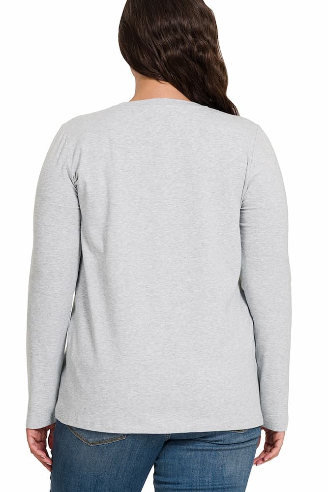 Zenana Cotton Long Sleeve Crew Neck T Shirt Heather Grey Plus Size Back