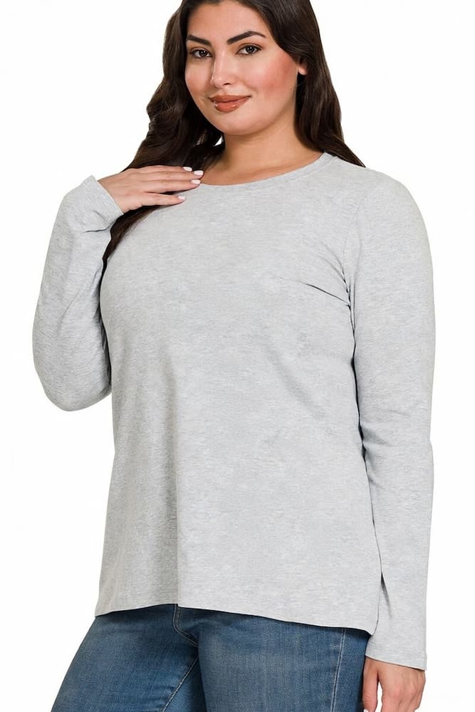 Zenana Cotton Long Sleeve Crew Neck-T-Shirt Heather Grey Plus Size
