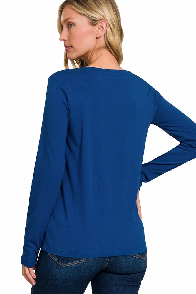 Zenana Cotton Long Sleeve Crew Neck T-Shirt Light Navy Back