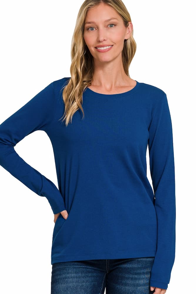 Zenana Cotton Long Sleeve Crew Neck-T-Shirt Light Navy Front