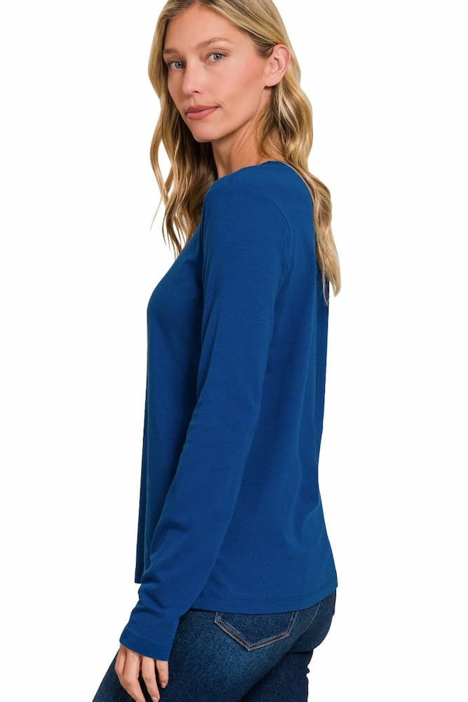 Zenana Cotton Long Sleeve Crew Neck T-Shirt Light Navy Side