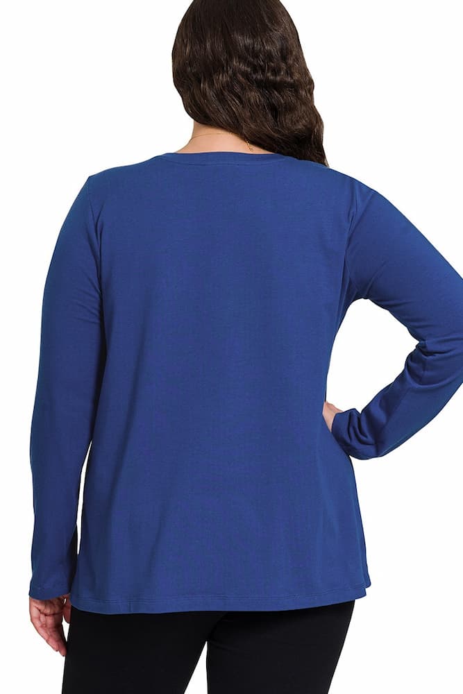 Zenana Cotton Long Sleeve Crew Neck T-Shirt Navy Back Plus Size
